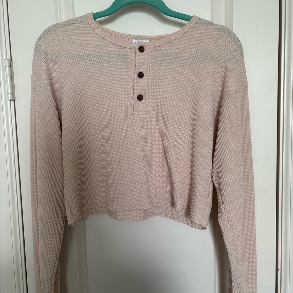 Women's Cream Button-Up Waffle Knit Top